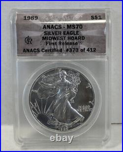 1989 ANACS MS70 $1 American Silver Eagle Midwest Hoard First Release 373/412