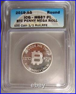2019-AG Bitcoin Penny, Eagle Right 700 Mintage 1/4 oz. 999 Silver ICG MS67PL