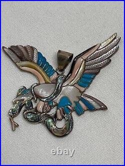 3.5 VTG Native American Turquoise MOP Sterling Silver Eagle Bird Pendant 28 Gr
