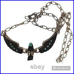 Ben Livingston Navajo Carved Jet Turquoise Eagle Silver Necklace Hinged