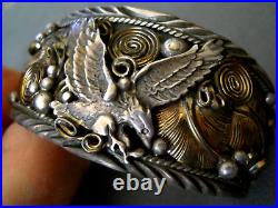 CHEE Native American Navajo Sterling Silver & Gold Wash Appliques Eagle Bracelet