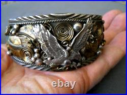 CHEE Native American Navajo Sterling Silver & Gold Wash Appliques Eagle Bracelet