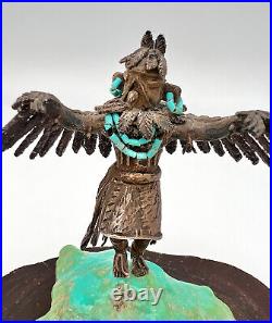 Carol Sues Navajo. 999 Silver Eagle Kachina Figure Statue Turquoise Base 450g
