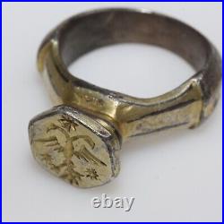 Crusaders Medieval silver & gilded seal ring with a double head eagle-1000-1300