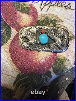 Custom Sterling Silver EAGLES Turquoise Coral Belt Buckle