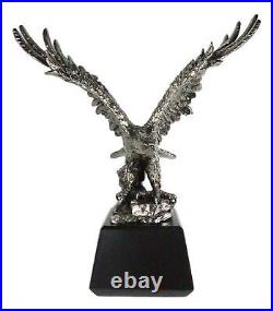 Electroplated Pewter Silver Bald Eagle With Open Wings Landing On Rock Statue