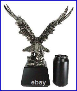 Electroplated Pewter Silver Bald Eagle With Open Wings Landing On Rock Statue