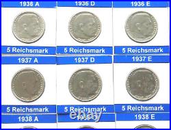 GERMAN 25x 5 REICHSMARK 1936 1939 SWASTIKA Silver 3RD WW2 Coin Collection MARK