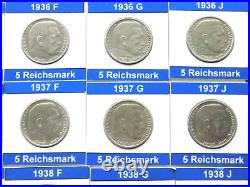 GERMAN 25x 5 REICHSMARK 1936 1939 SWASTIKA Silver 3RD WW2 Coin Collection MARK