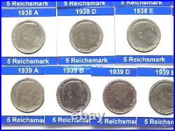 GERMAN 25x 5 REICHSMARK 1936 1939 SWASTIKA Silver 3RD WW2 Coin Collection MARK