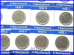 GERMAN 25x 5 REICHSMARK 1936 1939 SWASTIKA Silver 3RD WW2 Coin Collection MARK