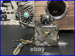 HEAVY Zippo lighter Indian Spirit Eagle Natural Stone Silver Brass With Wood Box