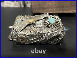 HEAVY Zippo lighter Indian Spirit Eagle Natural Stone Silver Brass With Wood Box