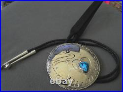 HUGE Native American Navajo Kingman Turquoise Sterl. Silver Eagle Heart Bolo Tie