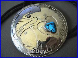 HUGE Native American Navajo Kingman Turquoise Sterl. Silver Eagle Heart Bolo Tie