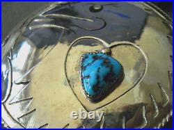 HUGE Native American Navajo Kingman Turquoise Sterl. Silver Eagle Heart Bolo Tie