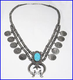 LARGE Signed 925 Silver Kingman Turquoise Eagle Coin Squash Blossom Necklace 28