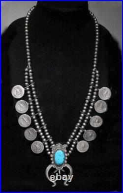 LARGE Signed 925 Silver Kingman Turquoise Eagle Coin Squash Blossom Necklace 28