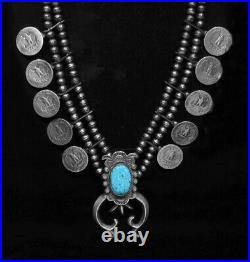 LARGE Signed 925 Silver Kingman Turquoise Eagle Coin Squash Blossom Necklace 28