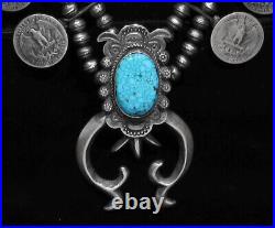 LARGE Signed 925 Silver Kingman Turquoise Eagle Coin Squash Blossom Necklace 28