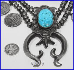 LARGE Signed 925 Silver Kingman Turquoise Eagle Coin Squash Blossom Necklace 28