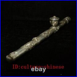 L 42 CM Chinese Tibet Silver Carving Dragon eagle flower Tobacco Pipe Collection