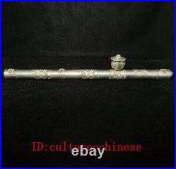 L 42 CM Chinese Tibet Silver Carving Dragon eagle flower Tobacco Pipe Collection