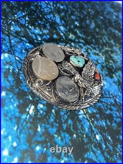 Large Eagle Belt Buckle Silver Buffalo Nickel Turquoise Coral Vintage USA Craft