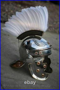 Medieval Late Roman Gallic Helmet 18ga Steel Larp With White Eagle Plume HTT75