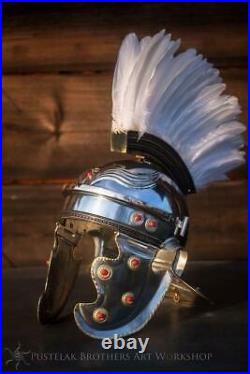 Medieval Late Roman Gallic Helmet 18ga Steel Larp With White Eagle Plume HTT75