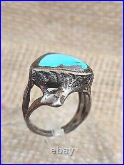 Mens Sterling Silver Turquoise Eagle Feathers Ring Sz 10.25 VTG Native American