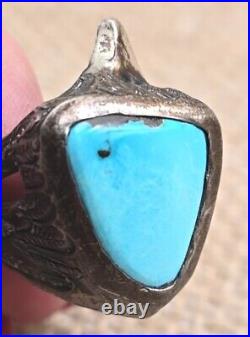 Mens Sterling Silver Turquoise Eagle Feathers Ring Sz 10.25 VTG Native American