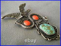 Native American Bird's Eye Turquoise Corals Sterling Silver Eagle Snake Brooch