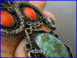 Native American Bird's Eye Turquoise Corals Sterling Silver Eagle Snake Brooch