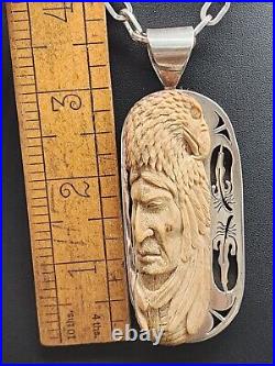 Native American Carved Chief Eagle Sterling Silver Necklace Bennie Ration