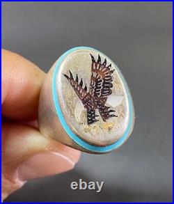 Native American Sterling Silver. 925 Mosaic Eagle Shell Inlay Vtg Ring Signed JE