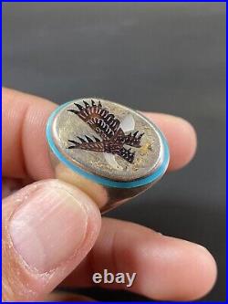 Native American Sterling Silver. 925 Mosaic Eagle Shell Inlay Vtg Ring Signed JE