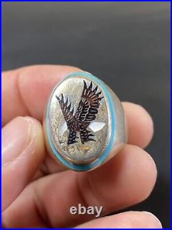 Native American Sterling Silver. 925 Mosaic Eagle Shell Inlay Vtg Ring Signed JE