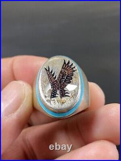 Native American Sterling Silver. 925 Mosaic Eagle Shell Inlay Vtg Ring Signed JE