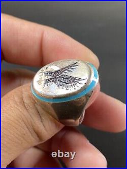 Native American Sterling Silver. 925 Mosaic Eagle Shell Inlay Vtg Ring Signed JE