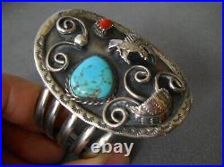Native American Turquoise Coral Sterl Silver Raised Eagle Leaf Scrolls Bracelet