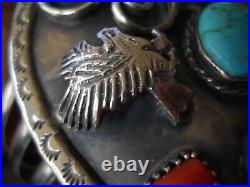 Native American Turquoise Coral Sterl Silver Raised Eagle Leaf Scrolls Bracelet