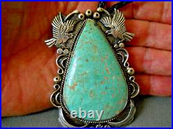 OLD Huge Native American Navajo Green Turquoise Sterling Silver Eagle Bolo Tie