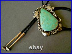 OLD Huge Native American Navajo Green Turquoise Sterling Silver Eagle Bolo Tie