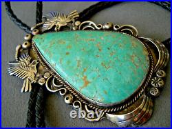 OLD Huge Native American Navajo Green Turquoise Sterling Silver Eagle Bolo Tie