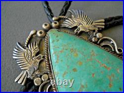 OLD Huge Native American Navajo Green Turquoise Sterling Silver Eagle Bolo Tie