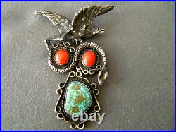 Old Native American Bird's Eye Turquoise Coral Sterling Silver Eagle/ Snake Pin