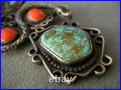 Old Native American Bird's Eye Turquoise Coral Sterling Silver Eagle/ Snake Pin