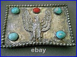 Old Native American Turquoise Coral Sterling Silver Sand Cast Eagle Belt Buckle