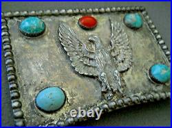 Old Native American Turquoise Coral Sterling Silver Sand Cast Eagle Belt Buckle